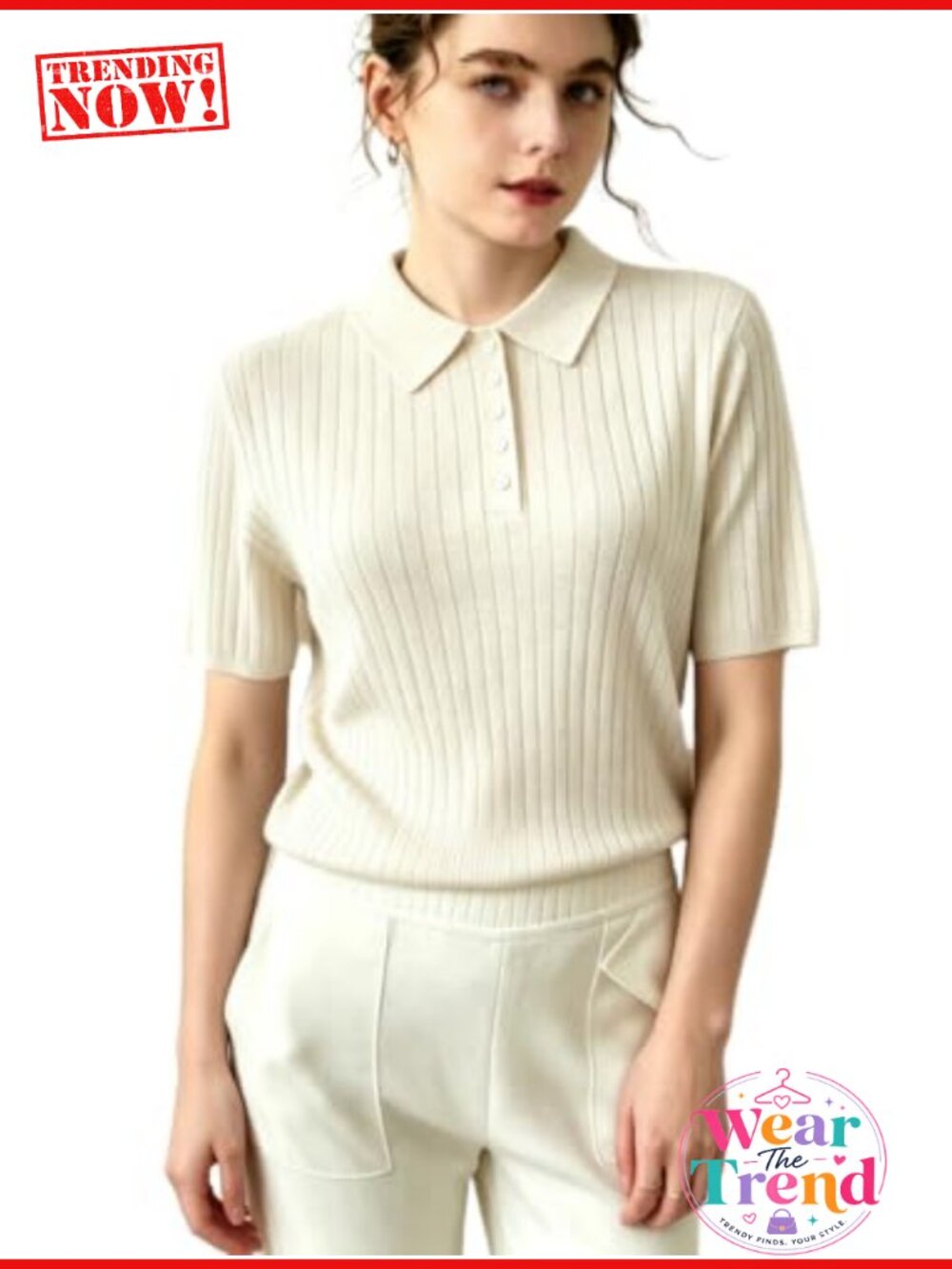 100% Worsted Merino Wool Ribbed Short Sleeve Polo Neck Tee